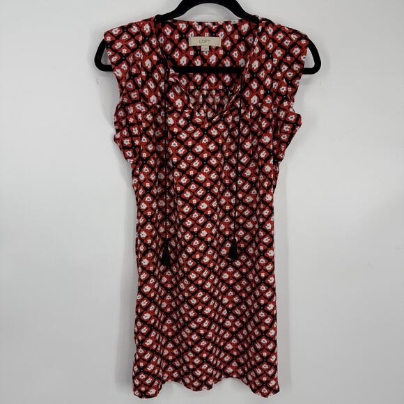 Loft Flutter Sleeve Tunic Dress size XS Red Floral Rayon Tassell Tie V Neck - Picture 9 of 9